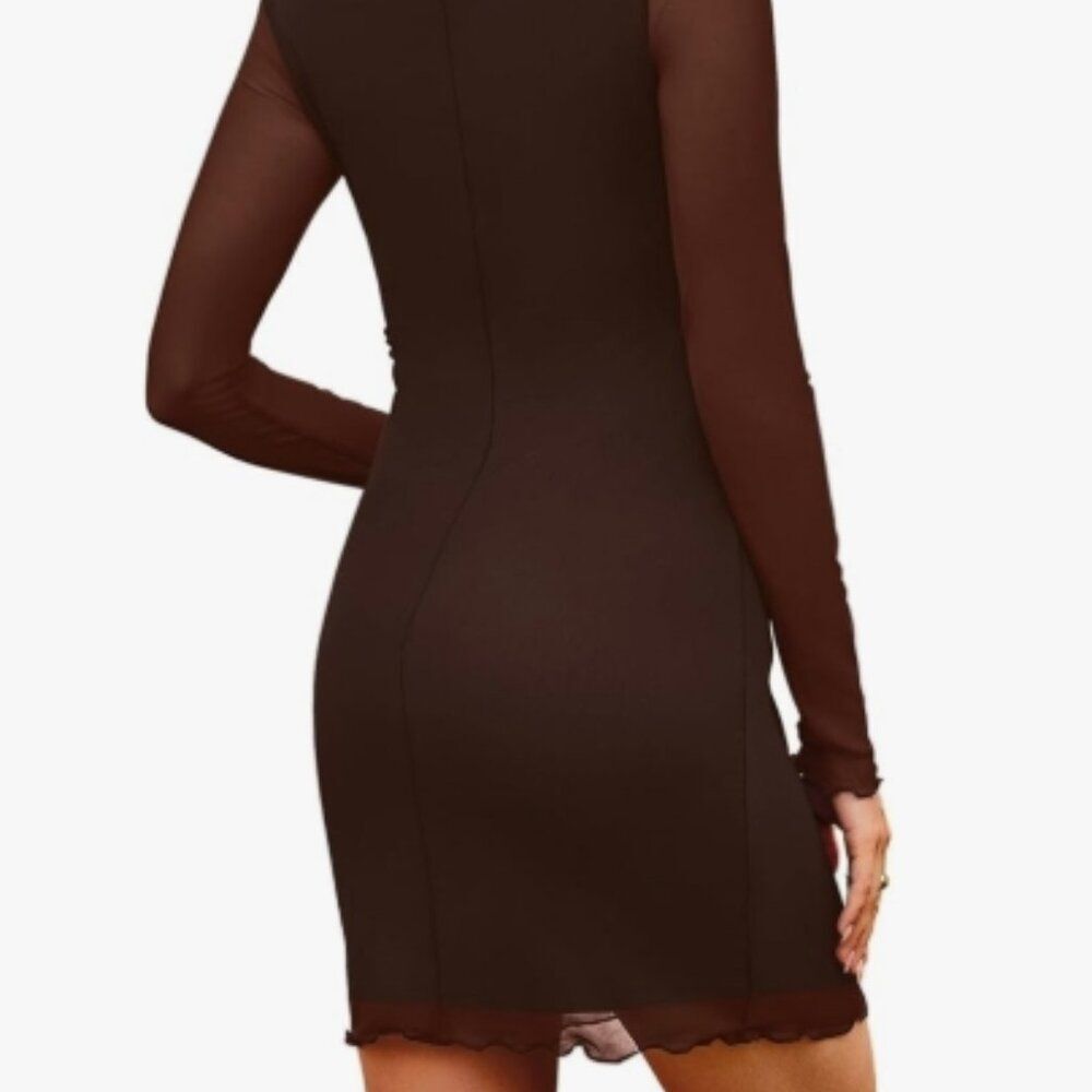 Y2K Mesh Long Sleeve Bodycon Mini Dress Caramel Brown Sheer Party Club Wear Dres - Picture 2 of 4